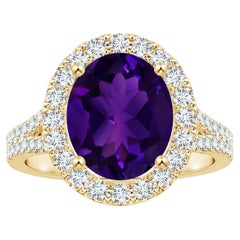 GIA Certified Natural Amethyst Ring in 18K Yellow Gold with Diamond Halo
