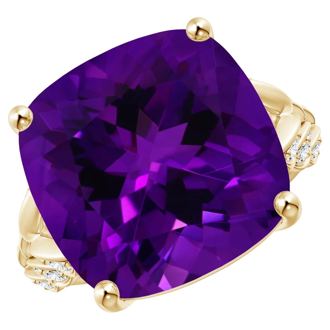 For Sale:  Angara Gia Certified Natural Amethyst Ring in Yellow Gold with Leaf Motifs