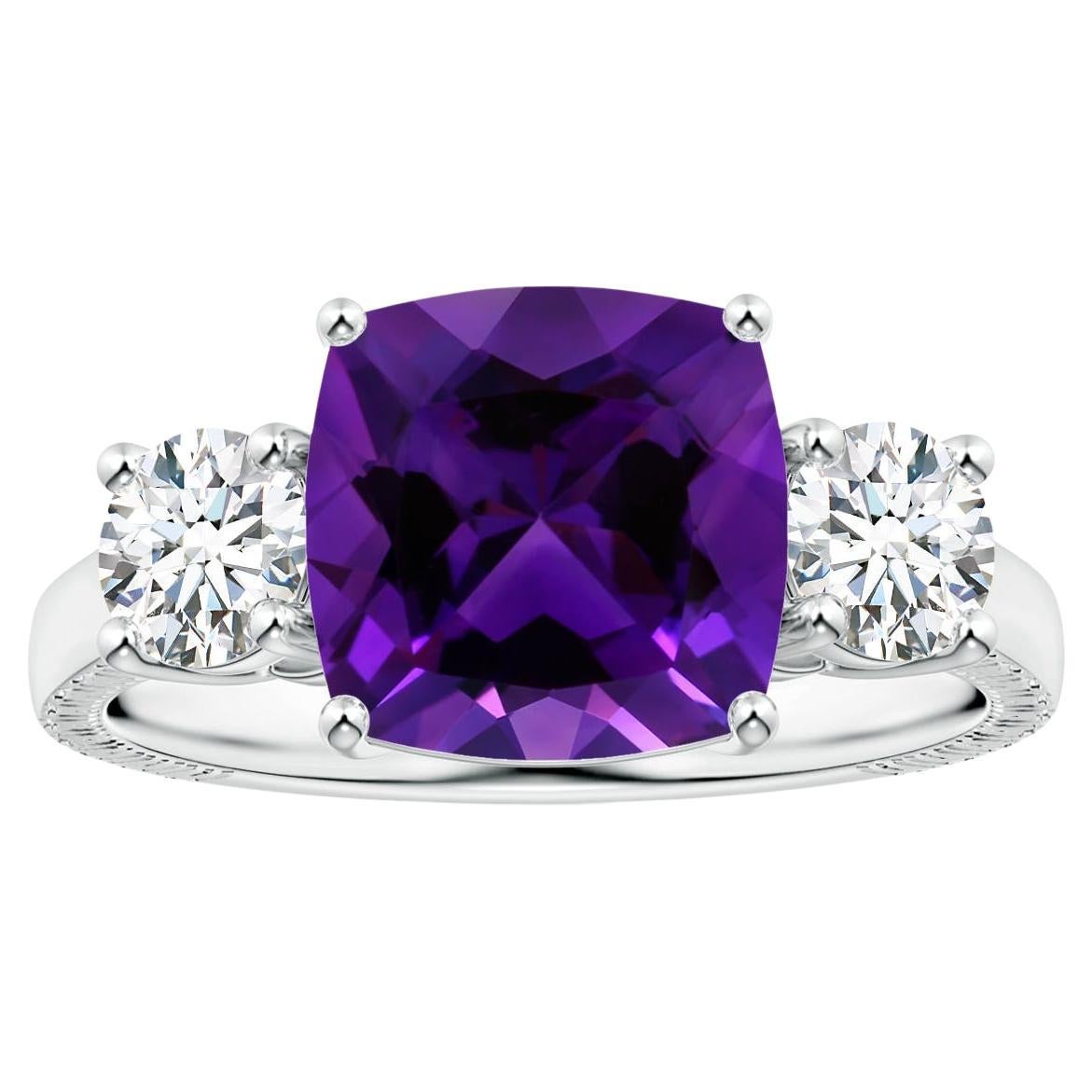 Angara Gia Certified Natural Amethyst Three Stone Ring in Platinum