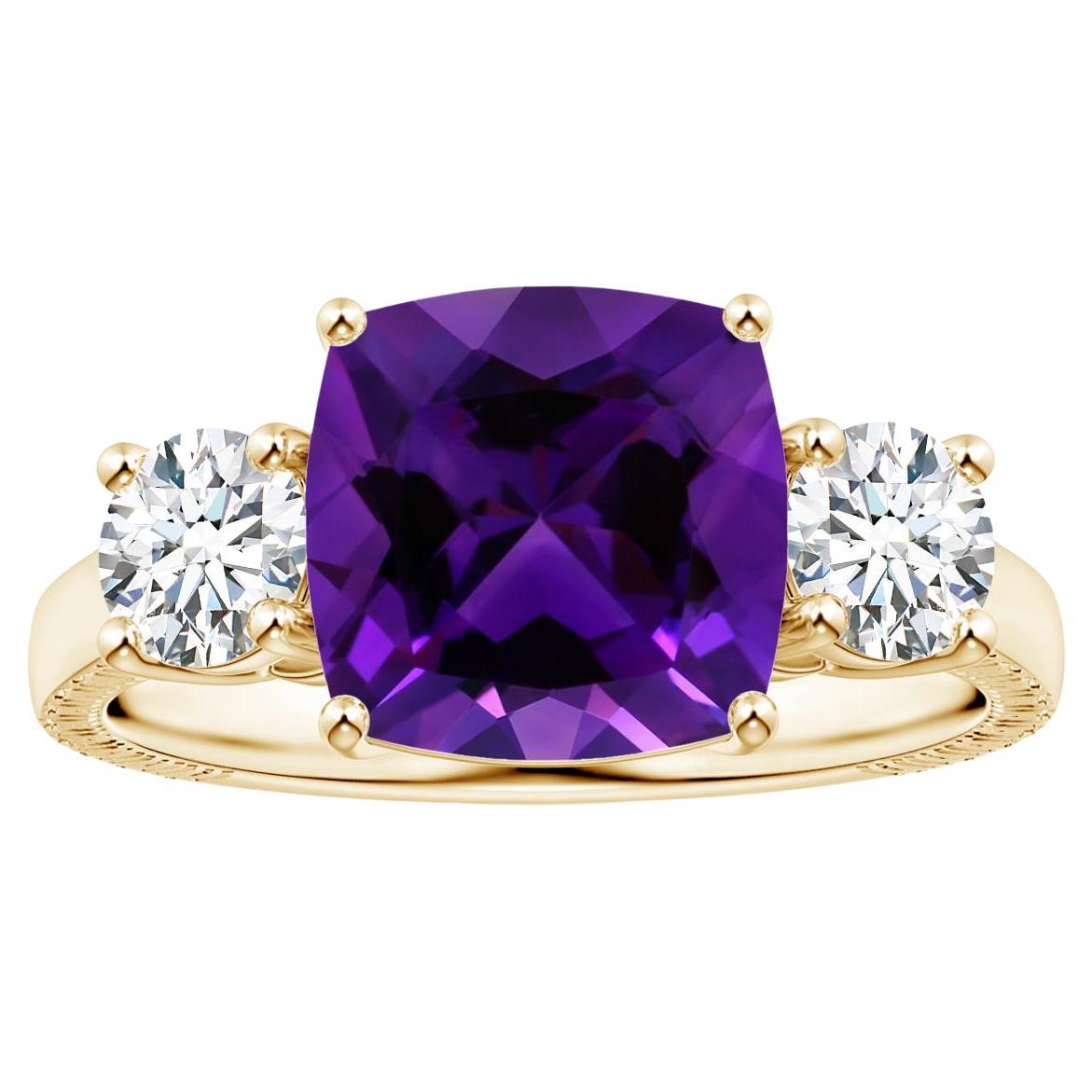 For Sale:  Angara Gia Certified Natural Amethyst Three Stone Ring in Yellow Gold