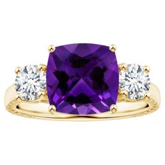 Angara Gia Certified Natural Amethyst Three Stone Ring in Yellow Gold