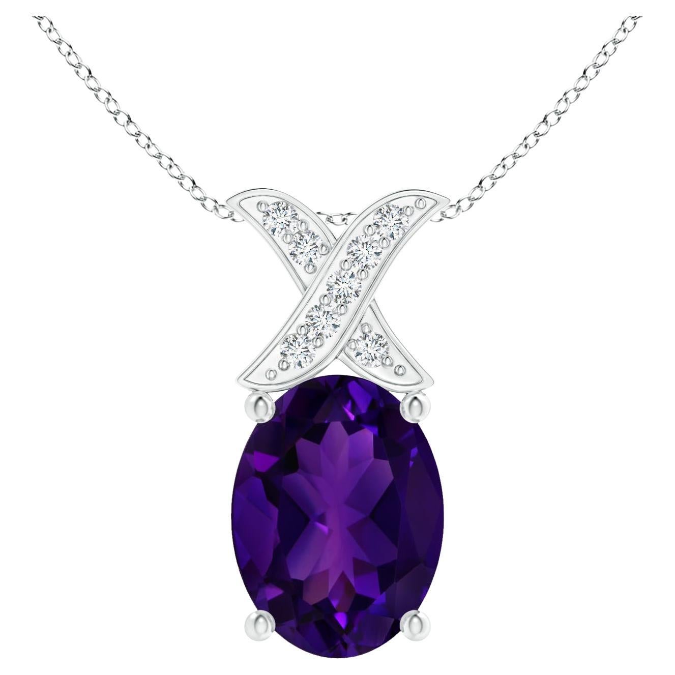 Pendentif XO en or blanc avec diamants et amthyste naturelle certifie par le GIA