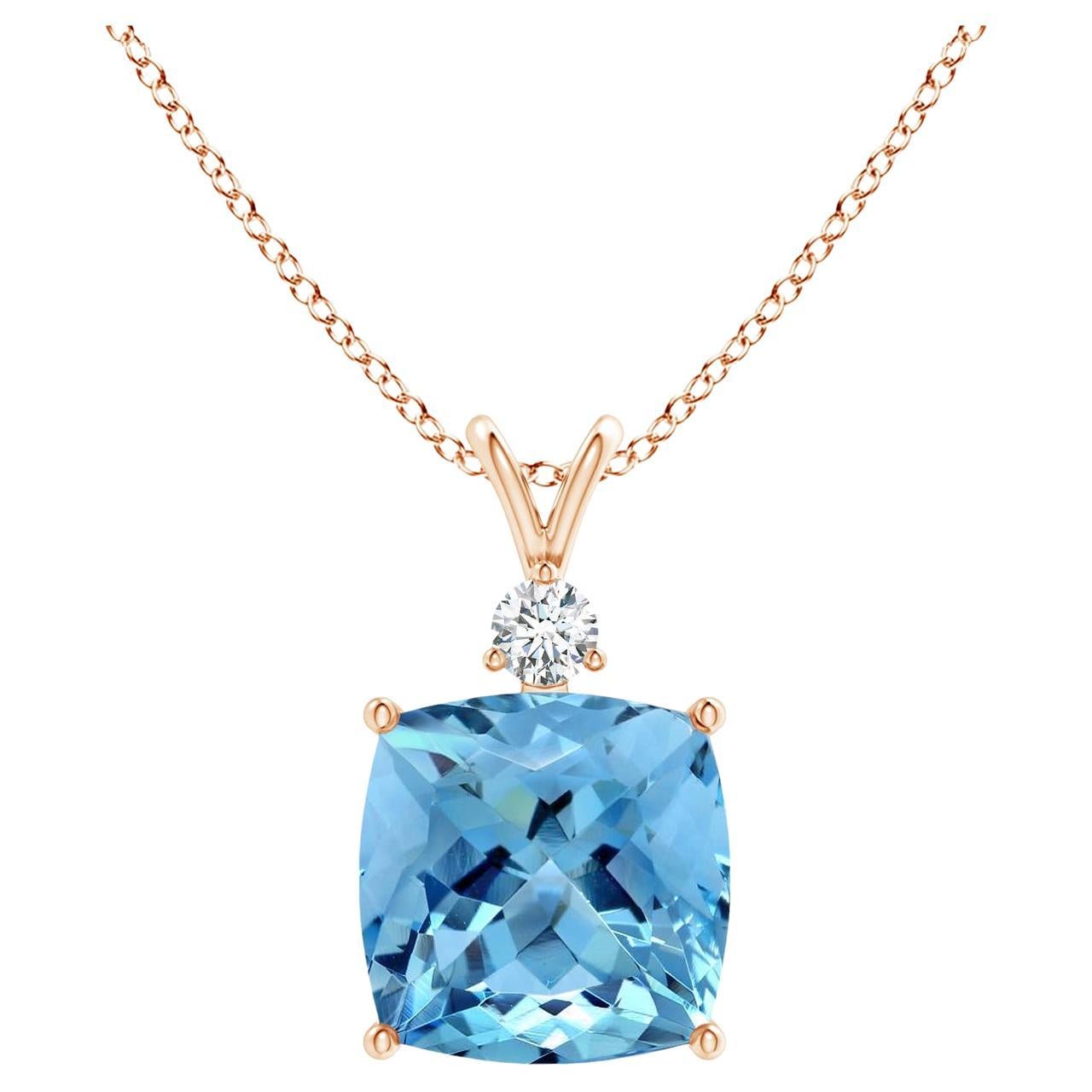Angara Gia Certified Natural Aquamarine and Diamond Rose Gold Pendant Necklace For Sale
