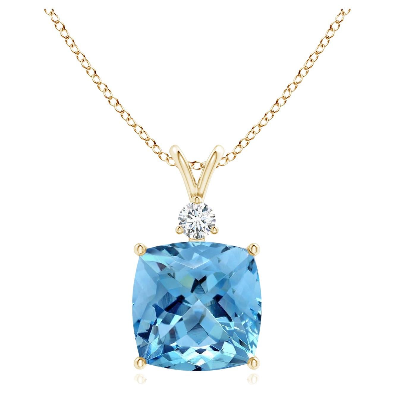 Angara Gia Certified Natural Aquamarine and Diamond Yellow Gold Pendant Necklace For Sale