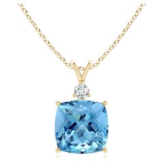 Angara Gia Certified Natural Aquamarine and Diamond Yellow Gold Pendant Necklace