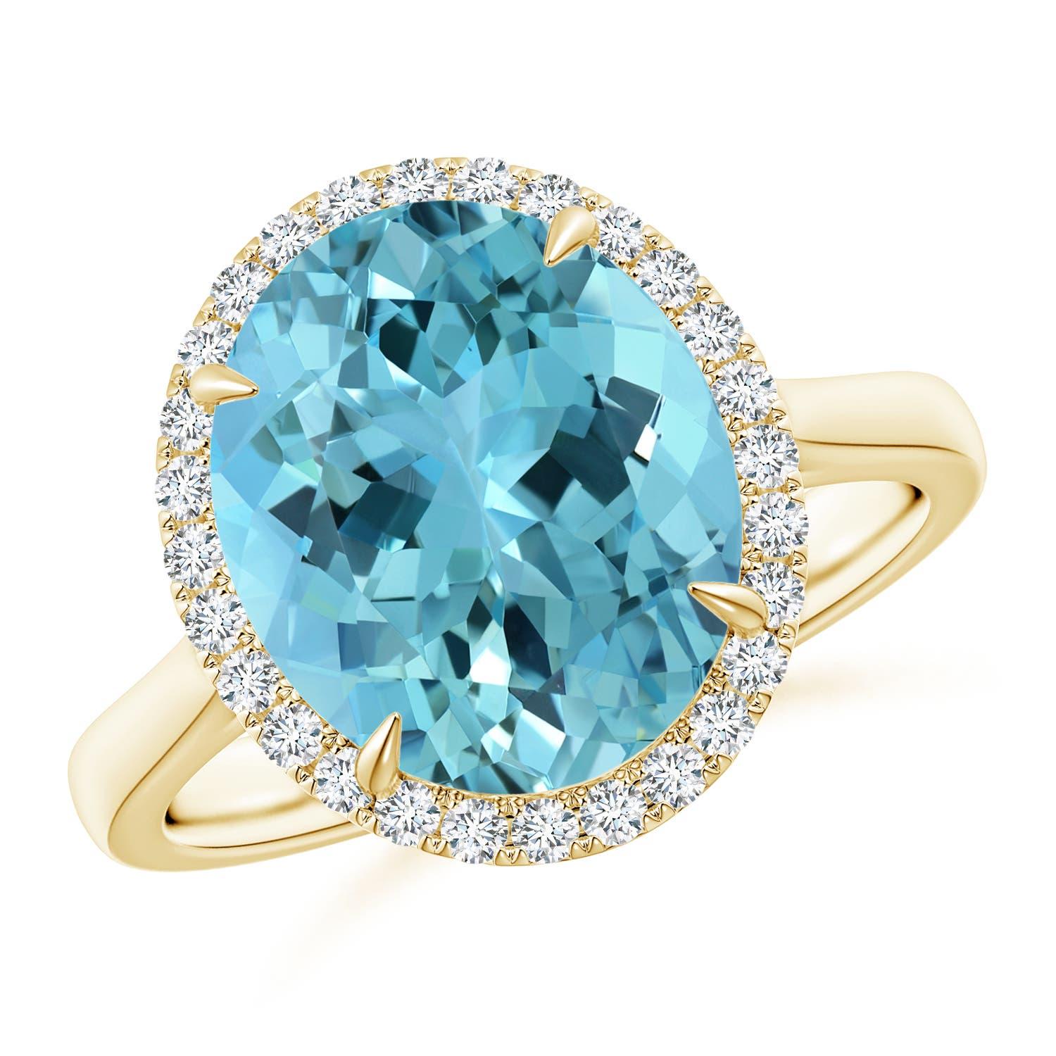 For Sale:  ANGARA GIA Certified Natural Aquamarine Cathedral Ring in Yellow Gold