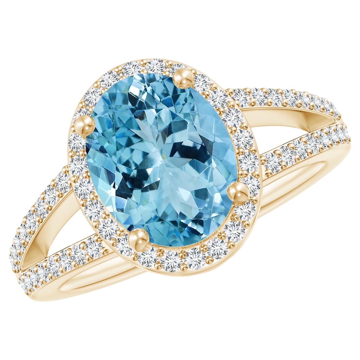 For Sale:  Angara GIA Certified Natural Aquamarine Halo Ring in Yellow Gold