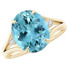 ANGARA GIA Certified Natural Aquamarine Ring in 14K Yellow Gold with Diamond