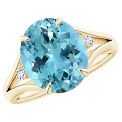 Angara Gia Certified Natural Aquamarine Ring in Yellow Gold with Diamond Accents