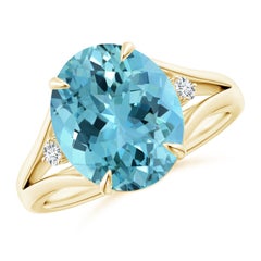 Angara Gia Certified Natural Aquamarine Ring in Yellow Gold with Diamond Accents