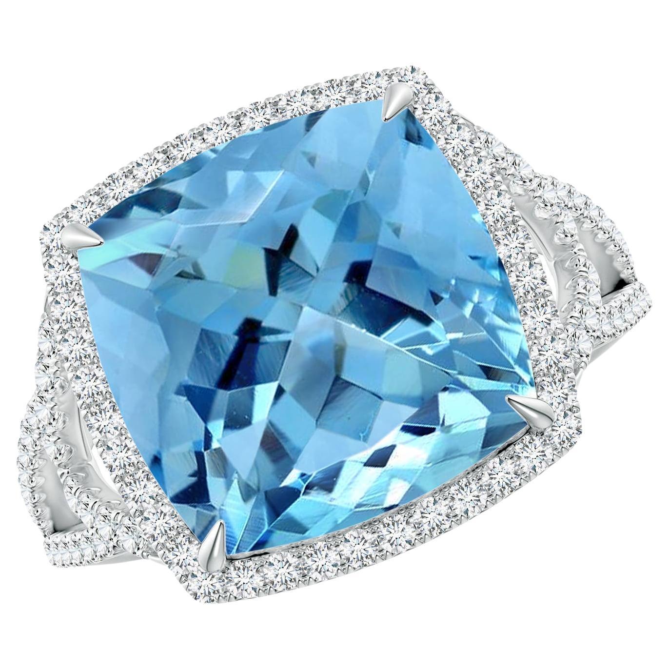 GIA Certified Natural Aquamarine Split Shank Halo Ring in White Gold