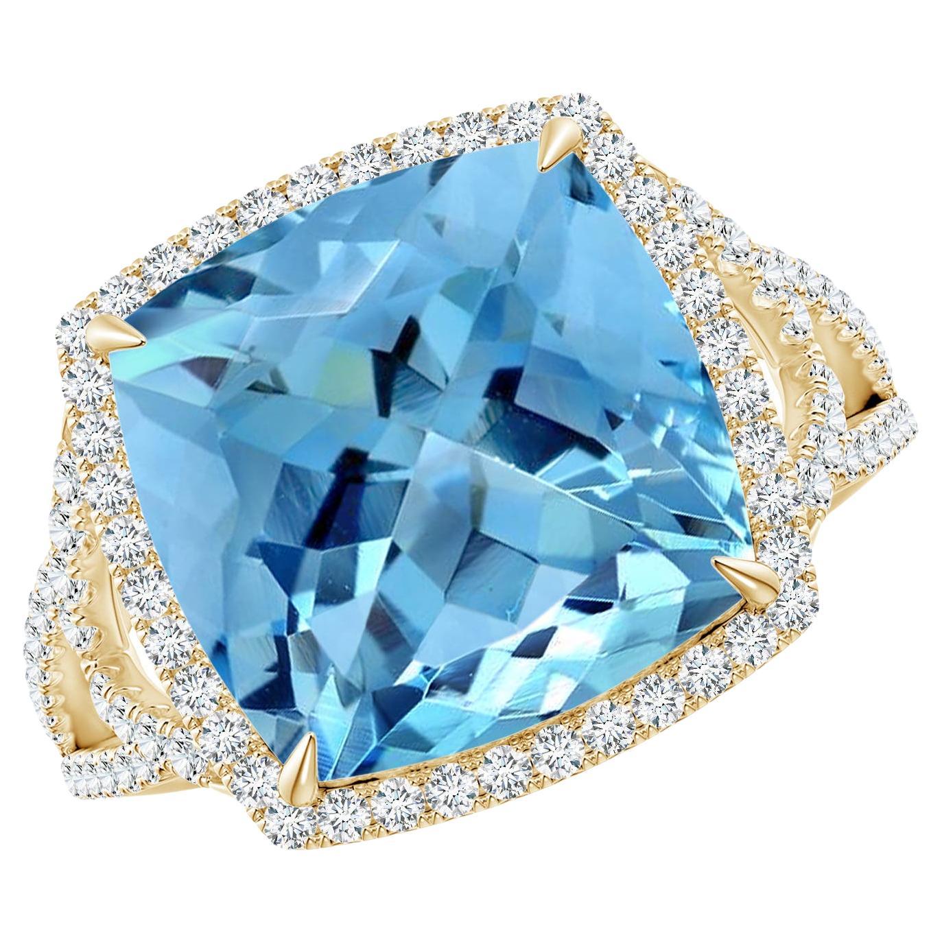 For Sale:  ANGARA GIA Certified Natural Aquamarine Split Shank Halo Ring in Yellow Gold