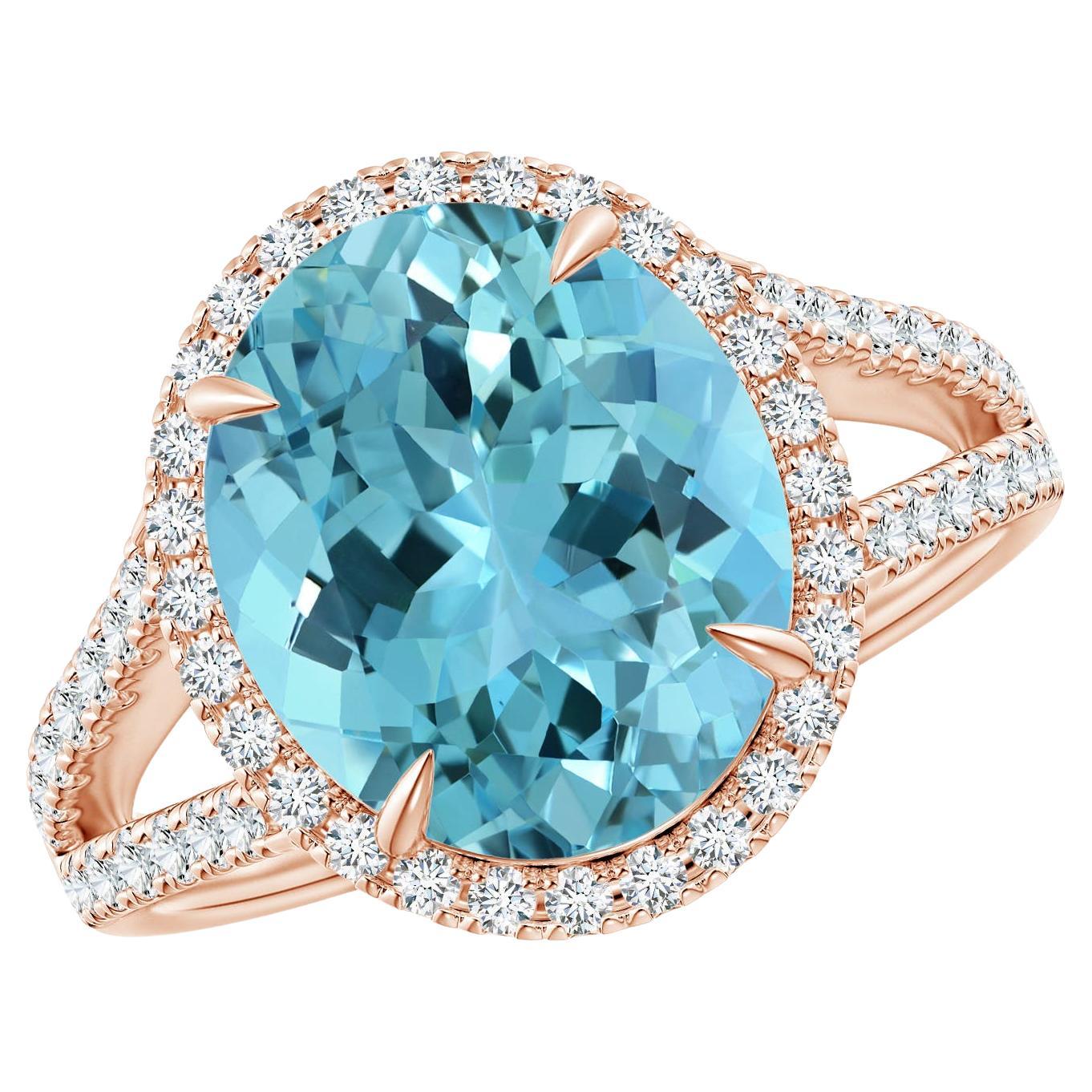 ANGARA GIA Certified Natural Aquamarine Split Shank Rose Gold Ring with Halo