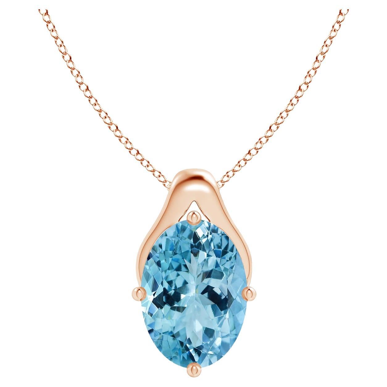 Angara Gia Certified Natural Aquamarine Wishbone Rose Gold Pendant Necklace For Sale