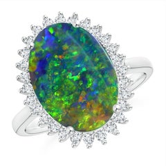 Angara Gia Certified Natural Black Opal Classic Oval Halo Ring in White Gold