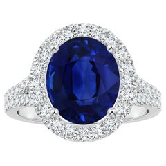 ANGARA GIA Certified Natural Blue Sapphire Halo Split Shank Ring in White Gold