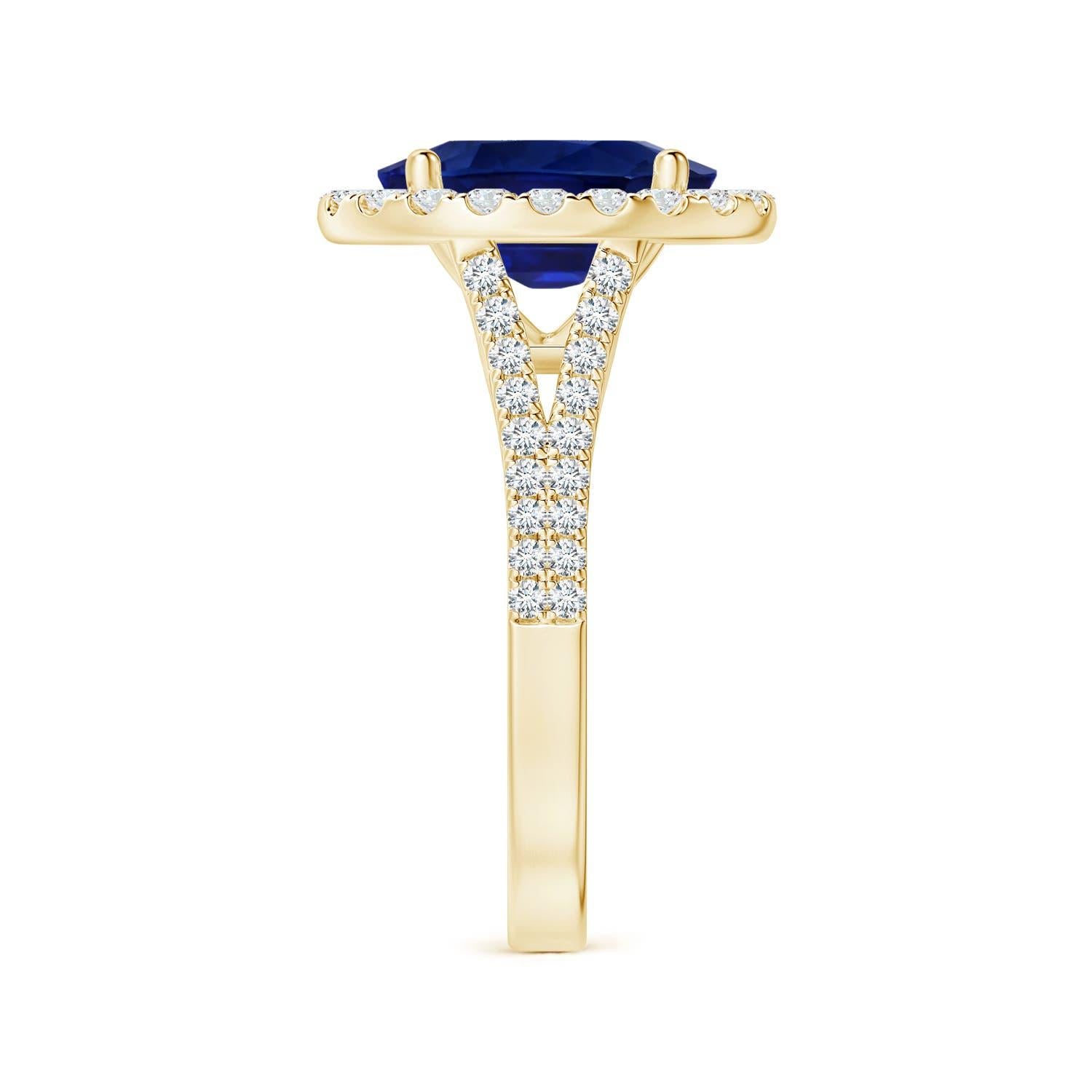 For Sale:  ANGARA GIA Certified Natural Blue Sapphire Halo Split Shank Ring in Yellow Gold 4