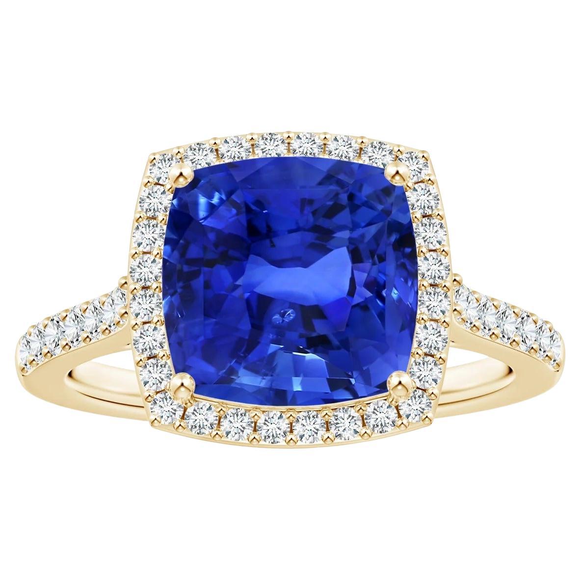 GIA Certified Natural Blue Sapphire Halo Yellow Gold Ring with Diamonds