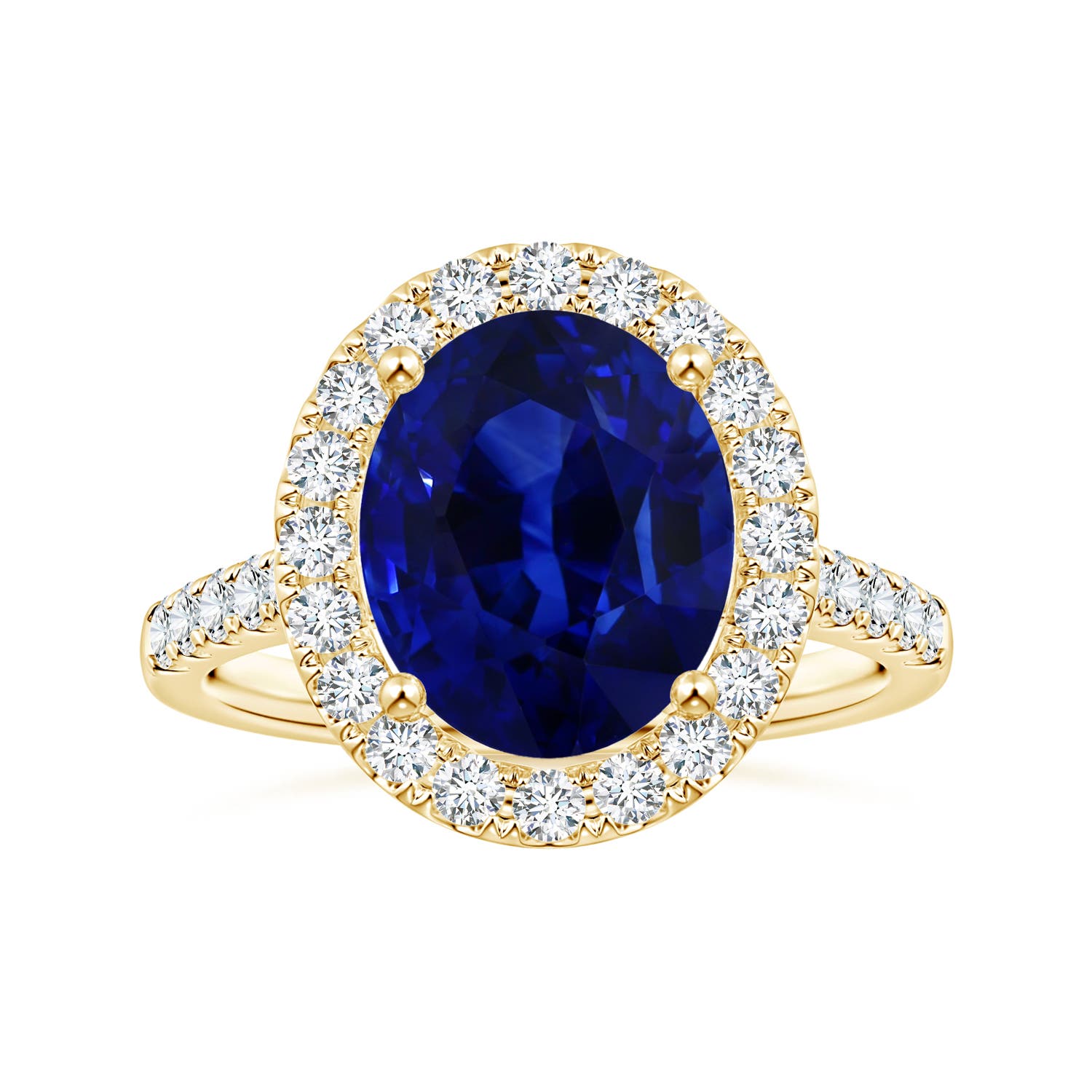Angara Gia Gelbgoldring mit zertifiziertem natürlichem blauem Saphir-Halo und Diamanten
