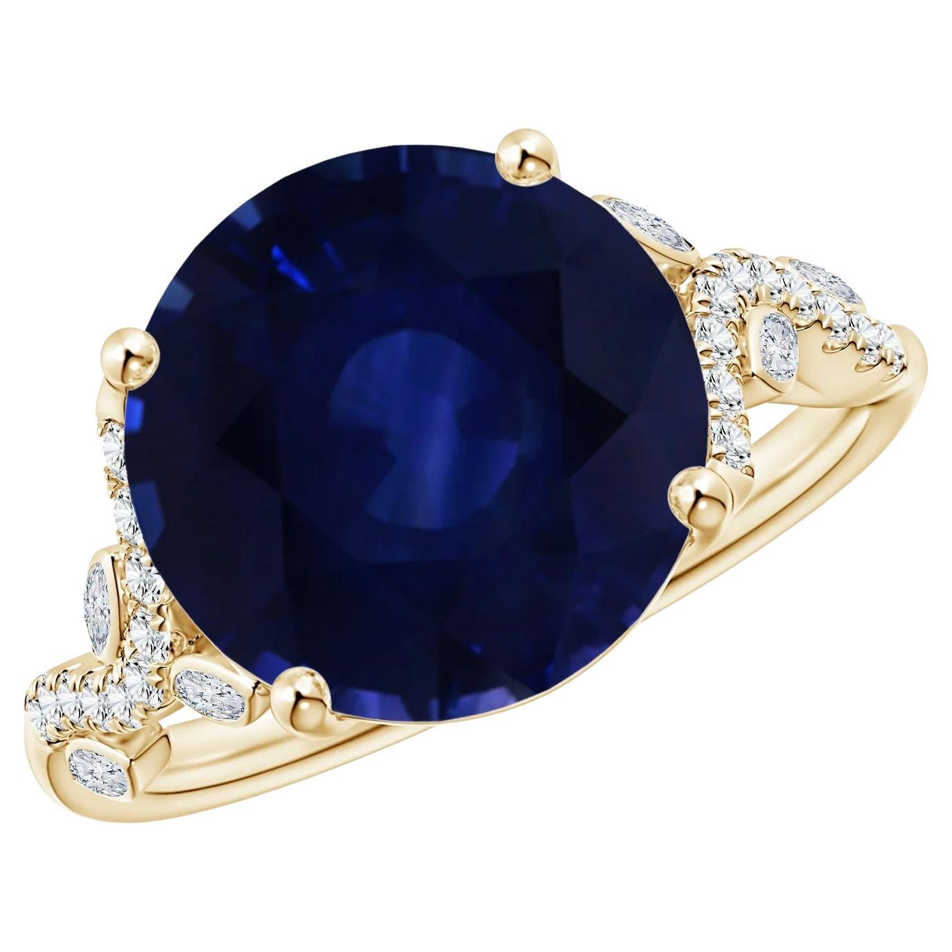 Gelbgoldring mit zertifiziertem natürlichem blauem Saphir und Marquise-Diamanten von Angara Gia