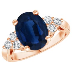 Angara Gia Certified Natural Blue Sapphire Ring in Rose Gold with Trio Diamonds