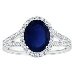 GIA Certified Natural Blue Sapphire Ring in 14K White Gold with Diamond Halo