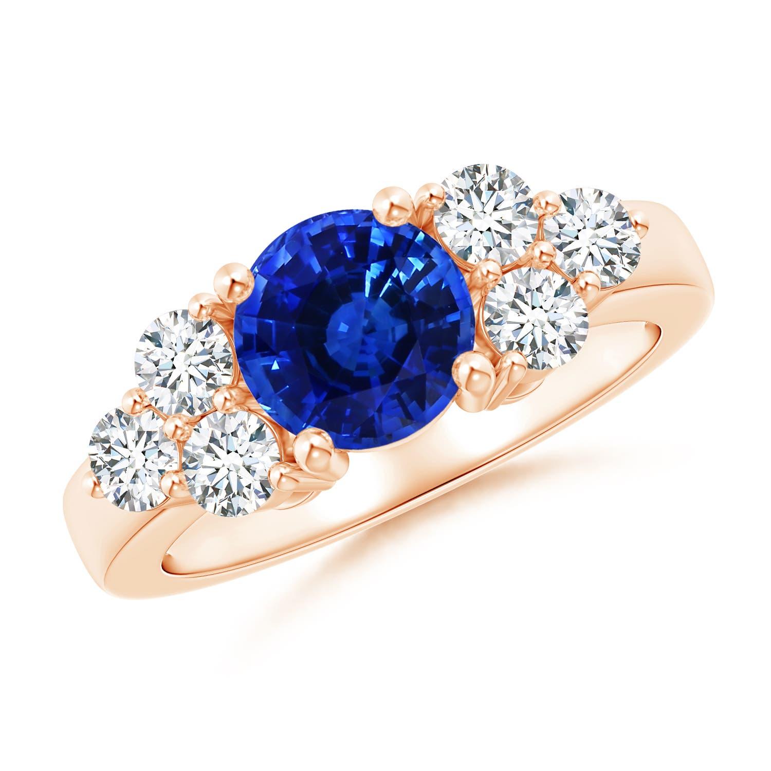 Angara Gia Certified Natural Blue Sapphire Rose Gold Ring with Trio Diamonds