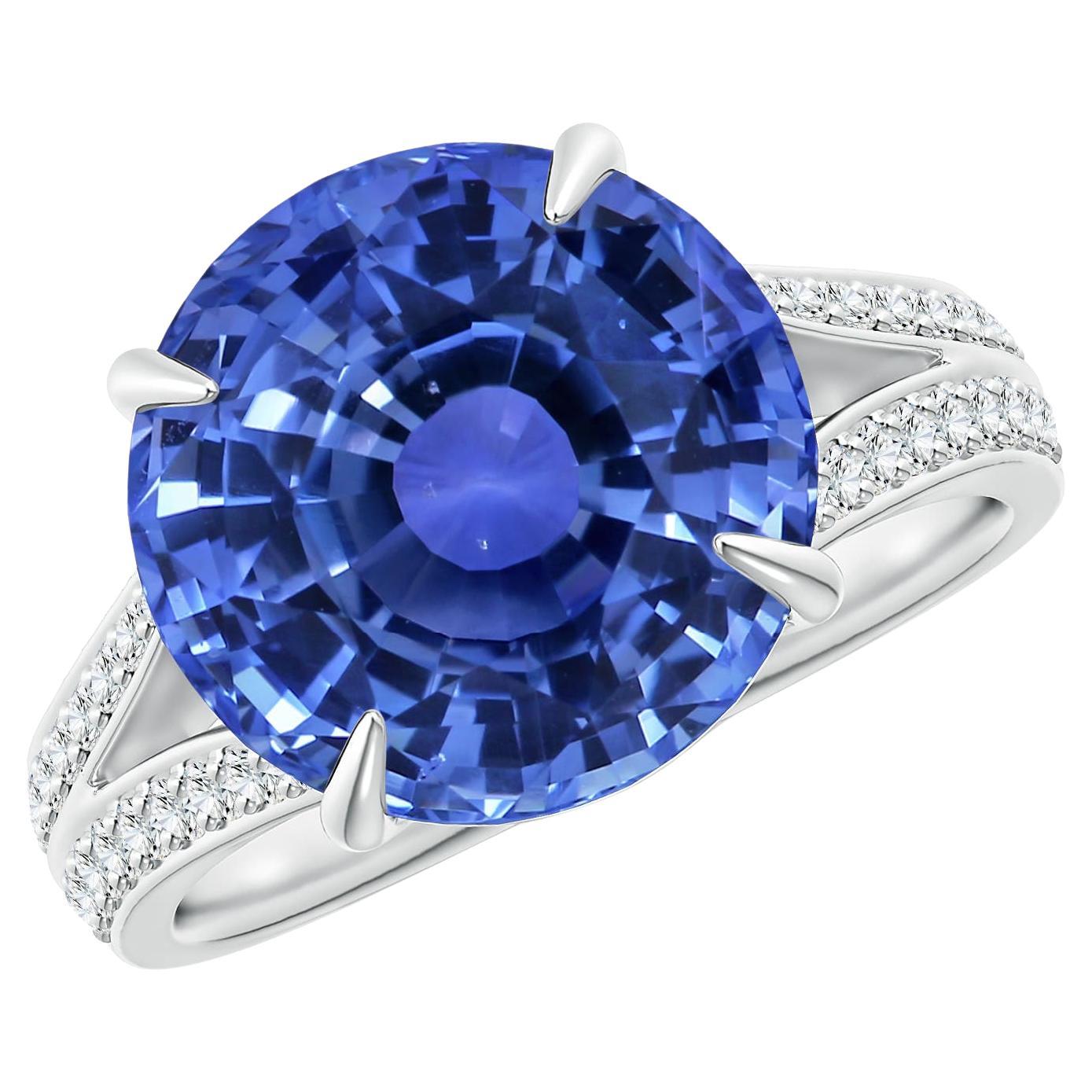 14K White Gold Blue Sapphire & Diamond Split Shank Ring – 5x3mm Oval Sapphire With 2 Round Diamonds