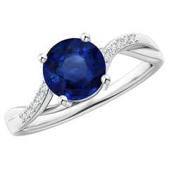 Angara Gia Bague à tige fendue en or blanc et saphir bleu naturel certifié