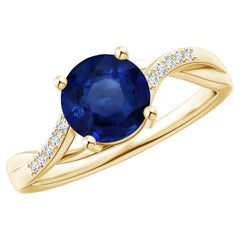 Angara Gia Zertifizierter natürlicher blauer Saphir-Ring aus Gelbgold mit geteiltem Schaft