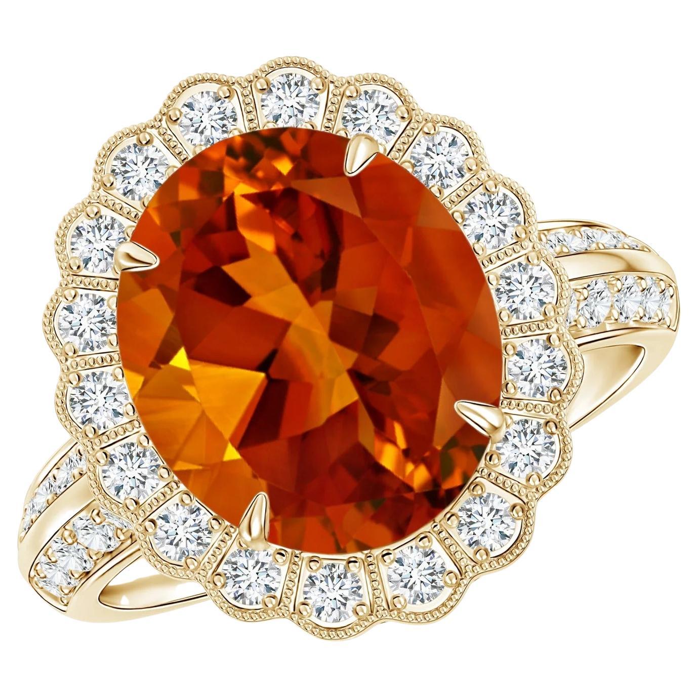 ANGARA GIA Certified Natural Citrine Yellow Gold Ring with Diamond Floral Halo