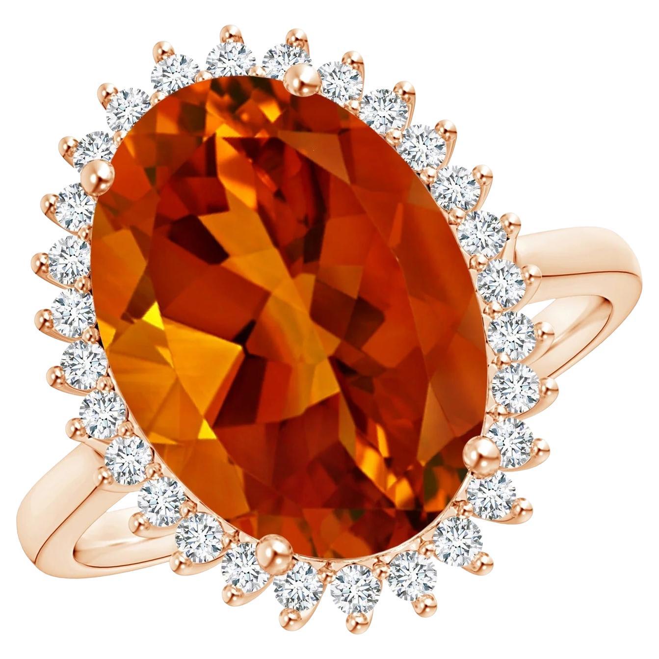 Angara GIA zertifizierter natrlicher klassischer ovaler Citrin-Halo-Ring aus Rosgold mit Blumenmuster