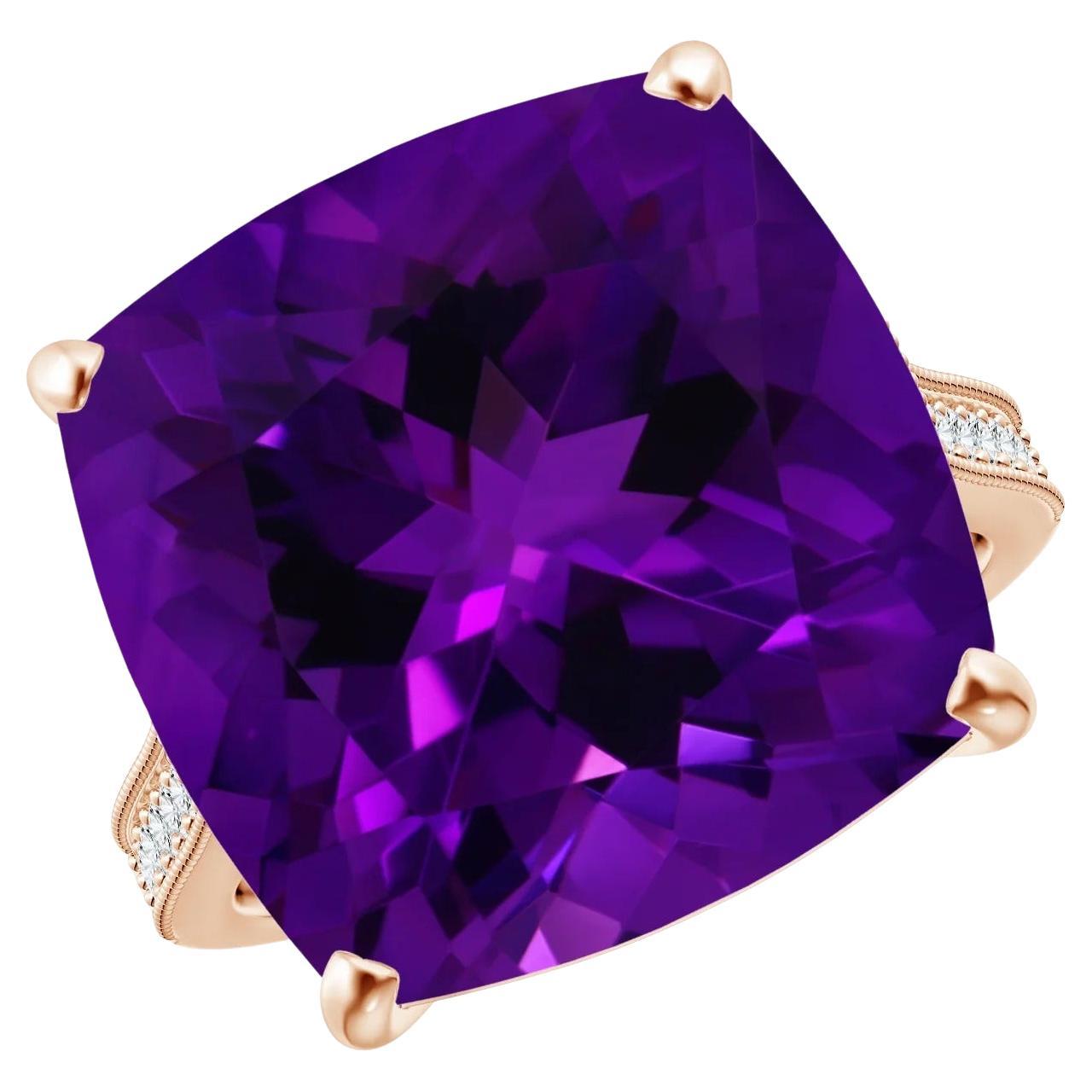 For Sale:  Angara GIA Certified Natural Cushion Amethyst Ring in Rose Gold with Diamond