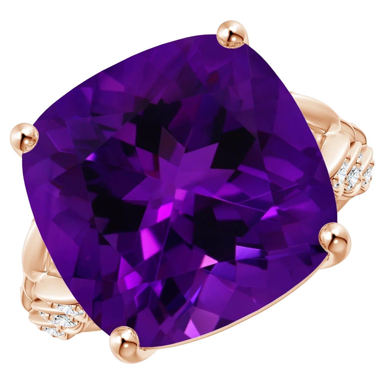 Angara GIA Certified Natural Cushion Amethyst Ring in Rose Gold with Leaf Motifs