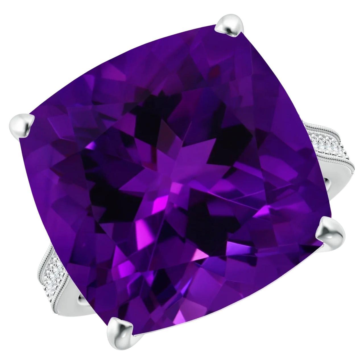 For Sale:  Angara Gia Certified Natural Cushion Amethyst Ring in White Gold with Diamond