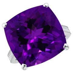 Angara Gia Certified Natural Cushion Amethyst Ring in White Gold with Diamond