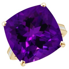 Angara Gia Certified Natural Cushion Amethyst Ring in Yellow Gold with Diamond