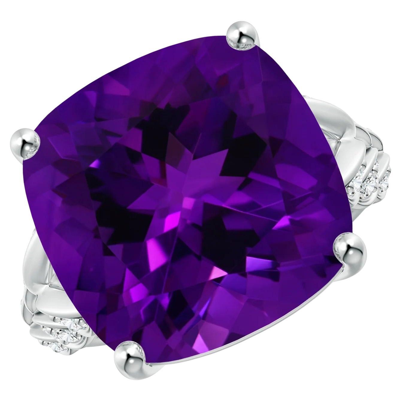 For Sale:  Angara Gia Certified Natural Cushion Amethyst White Gold Ring with Leaf Motifs