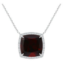 Angara Gia Certified Natural Cushion Garnet Halo Pendant in Platinum for Women