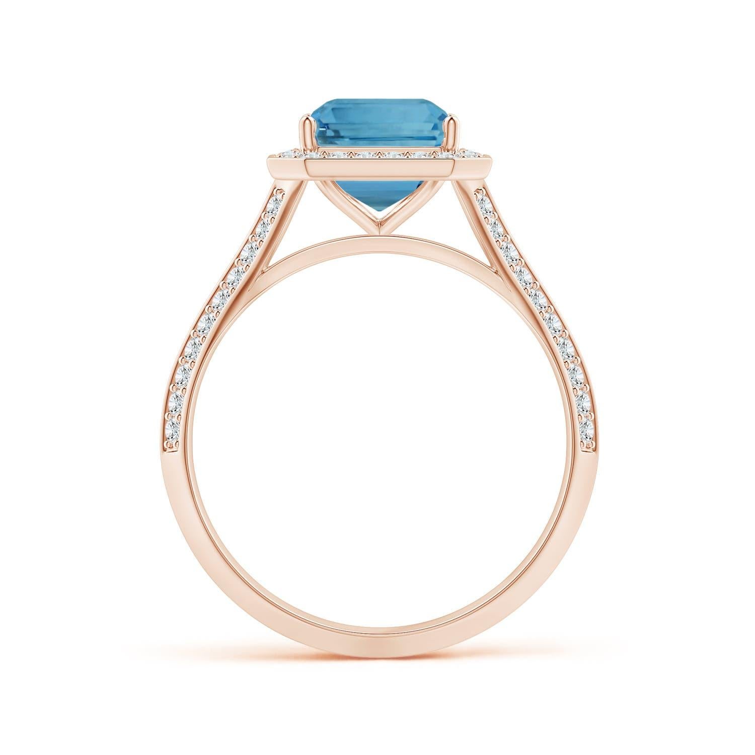 ANGARA GIA Certified Natural Emerald-Cut Aquamarine Halo Ring in Rose Gold 2