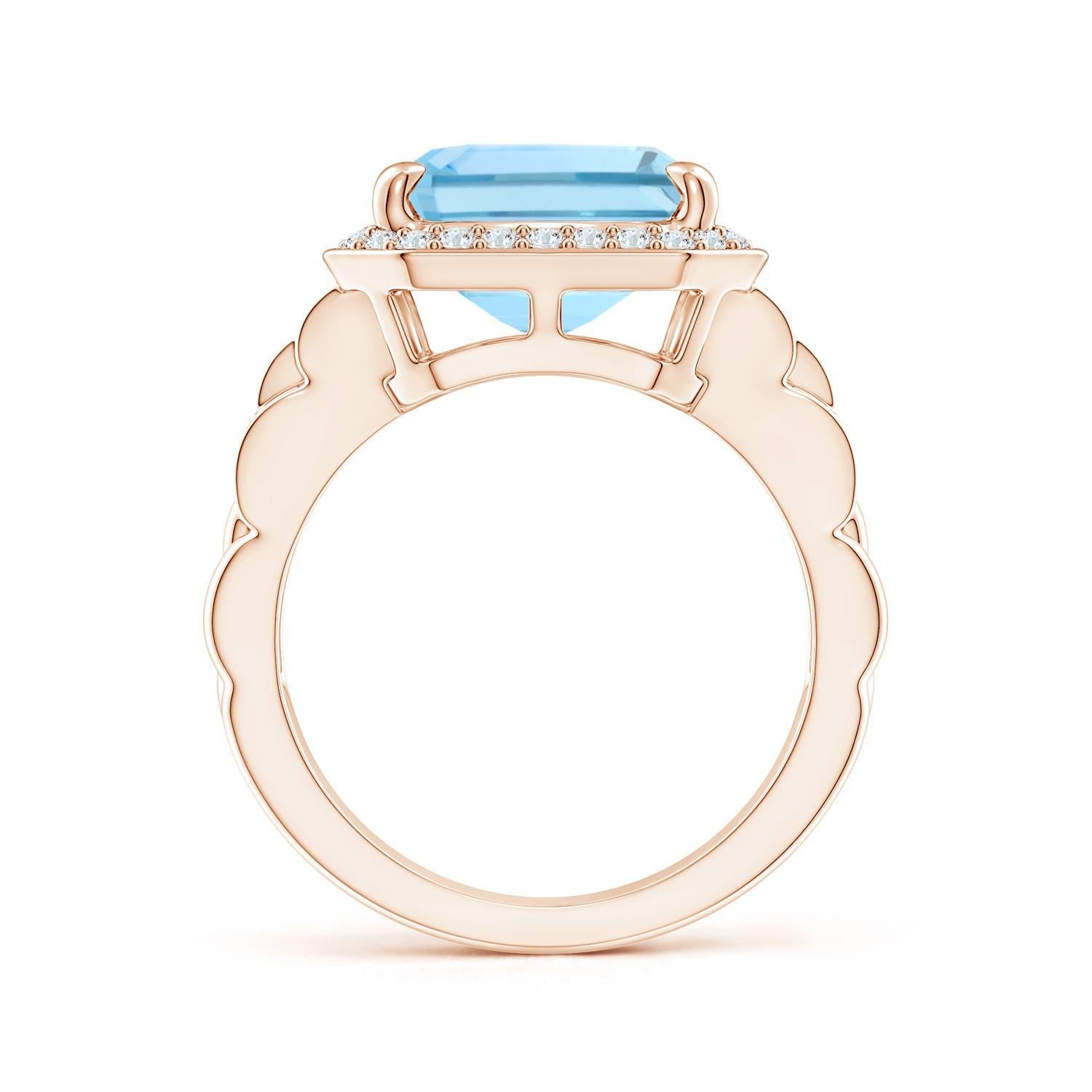 For Sale:  ANGARA GIA Certified Natural Emerald Cut Aquamarine Halo Ring in Rose Gold 2