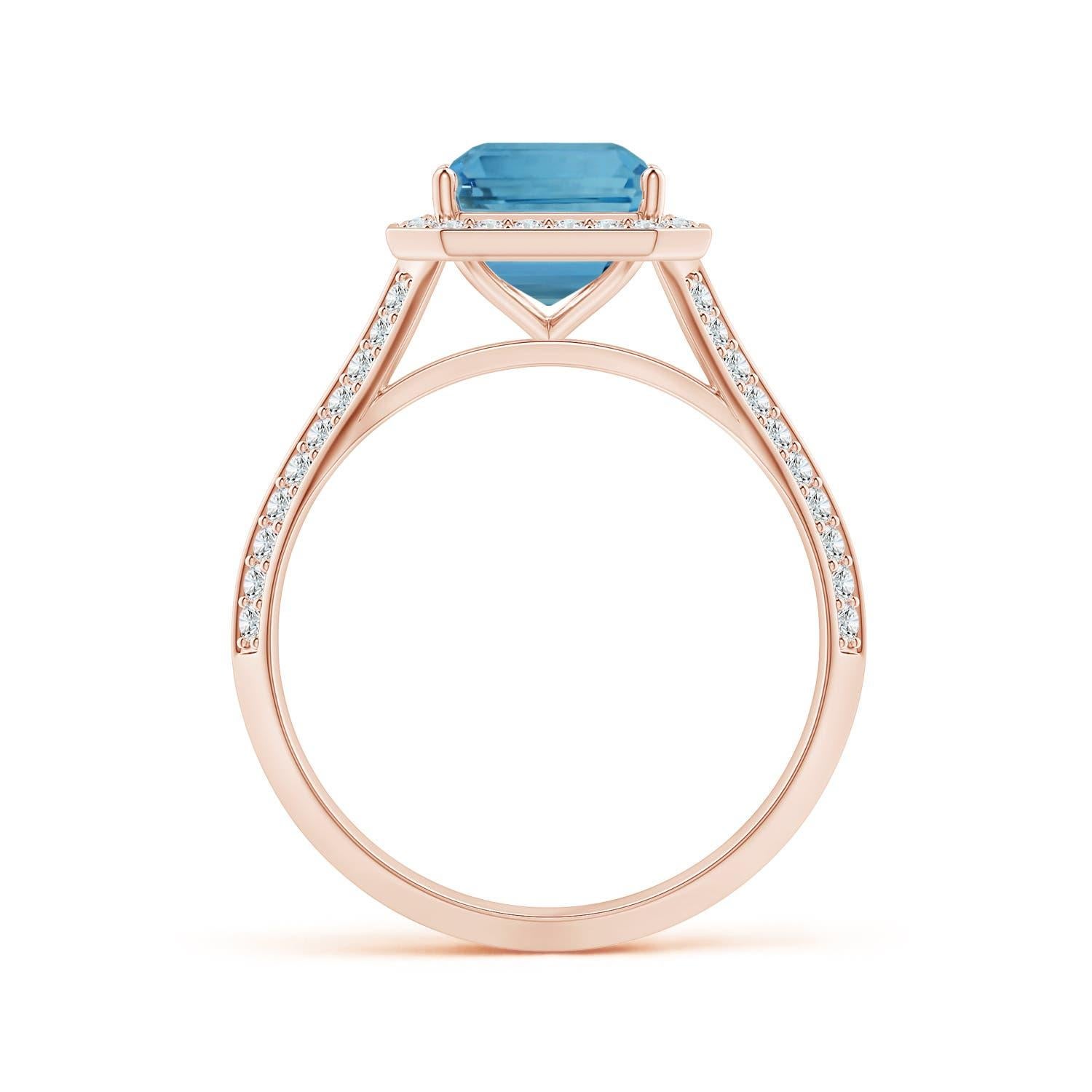 ANGARA GIA Certified Natural Emerald-Cut Aquamarine Halo Ring in Rose Gold 2