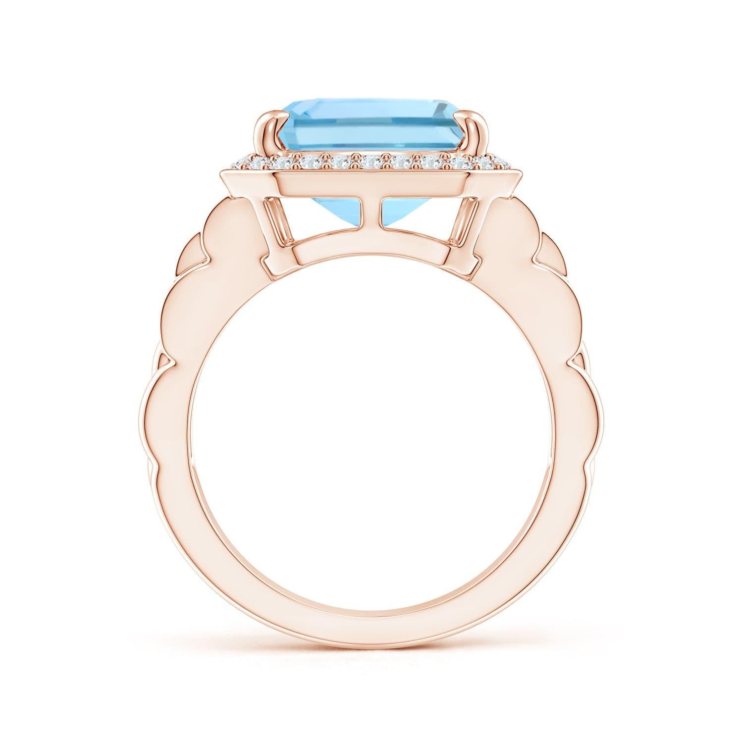 For Sale:  ANGARA GIA Certified Natural Emerald Cut Aquamarine Halo Ring in Rose Gold 2