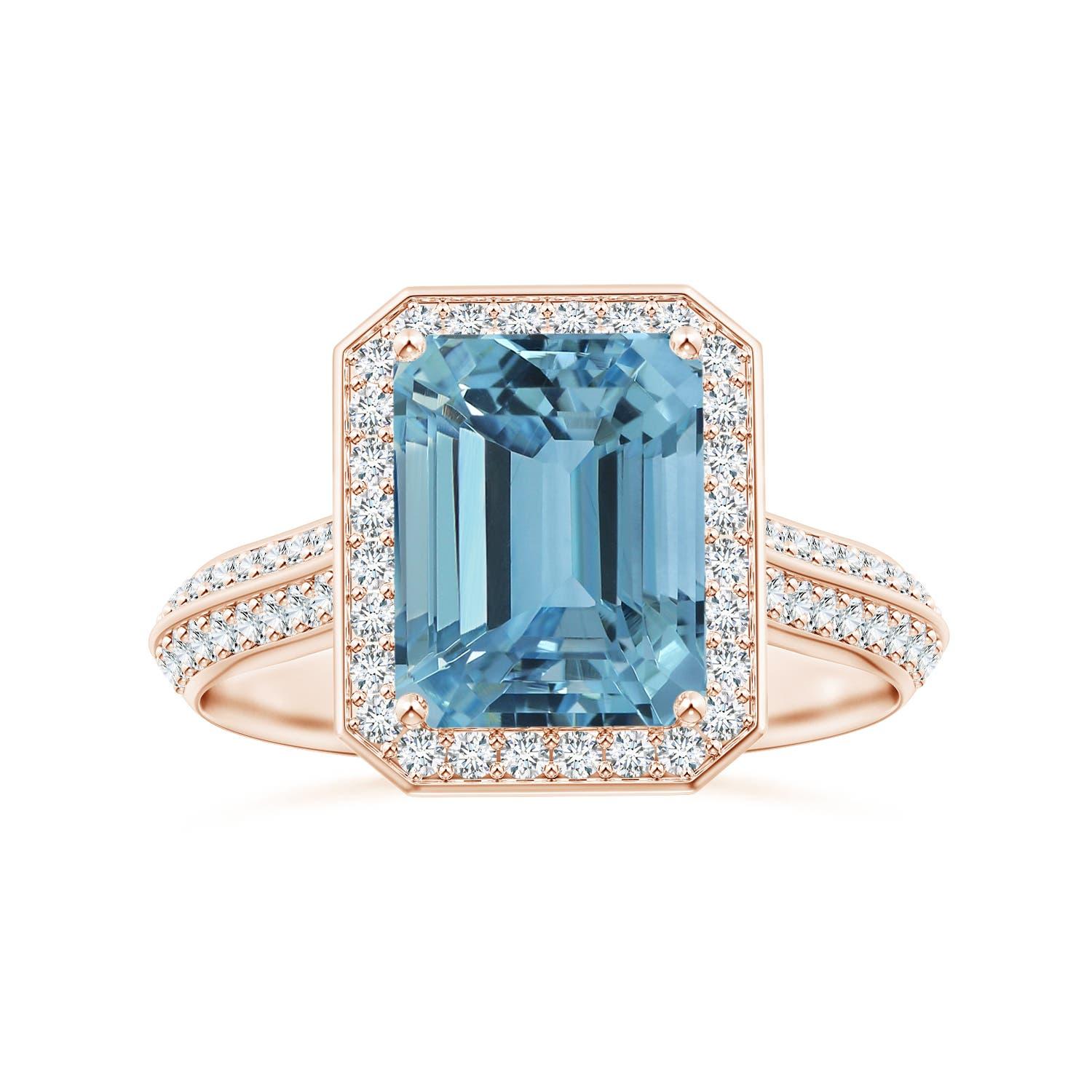 ANGARA GIA Certified Natural Emerald-Cut Aquamarine Halo Ring in Rose Gold