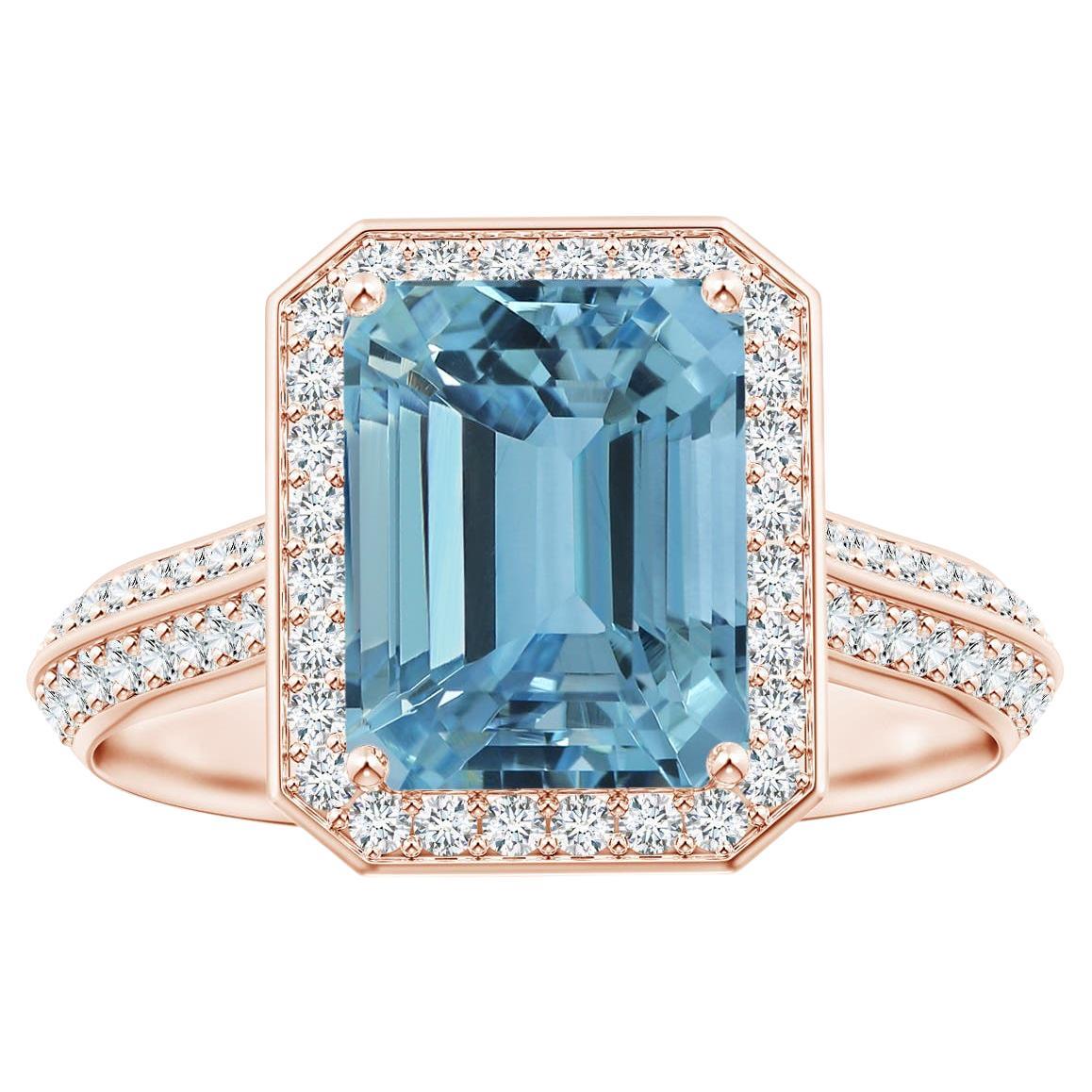 ANGARA GIA Certified Natural Emerald-Cut Aquamarine Halo Ring in Rose Gold