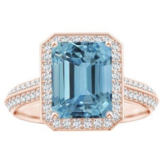 ANGARA GIA Certified Natural Emerald-Cut Aquamarine Halo Ring in Rose Gold