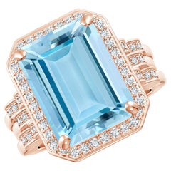 ANGARA GIA Certified Natural Emerald Cut Aquamarine Halo Ring in Rose Gold