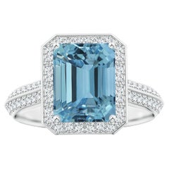 ANGARA GIA Certified Natural Emerald-Cut Aquamarine Halo Ring in White Gold