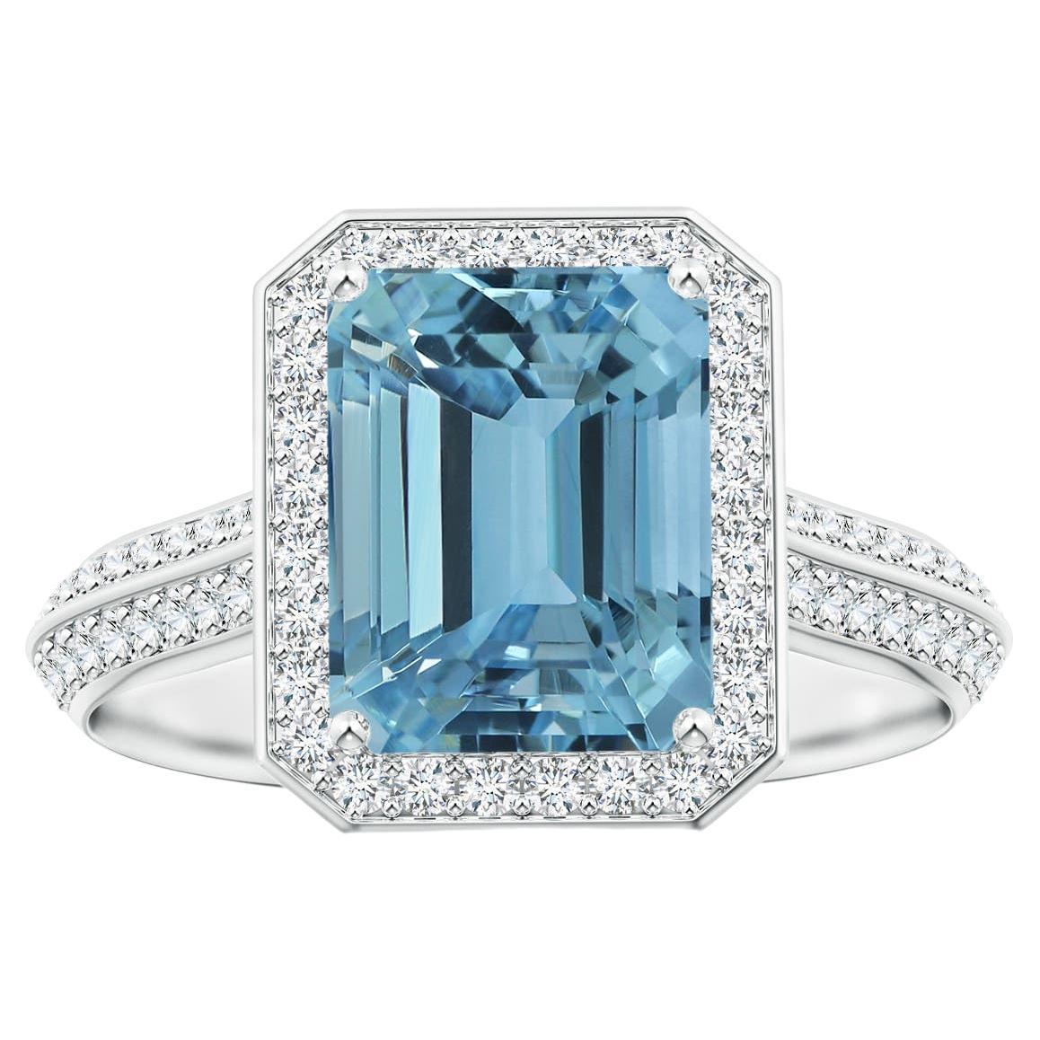 For Sale:  ANGARA GIA Certified Natural Emerald-Cut Aquamarine Halo Ring in White Gold