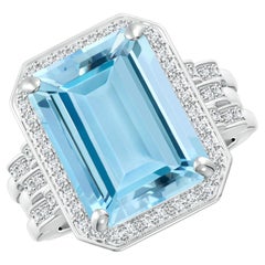 Angara Gia Certified Natural Emerald Cut Aquamarine Halo Ring in White Gold